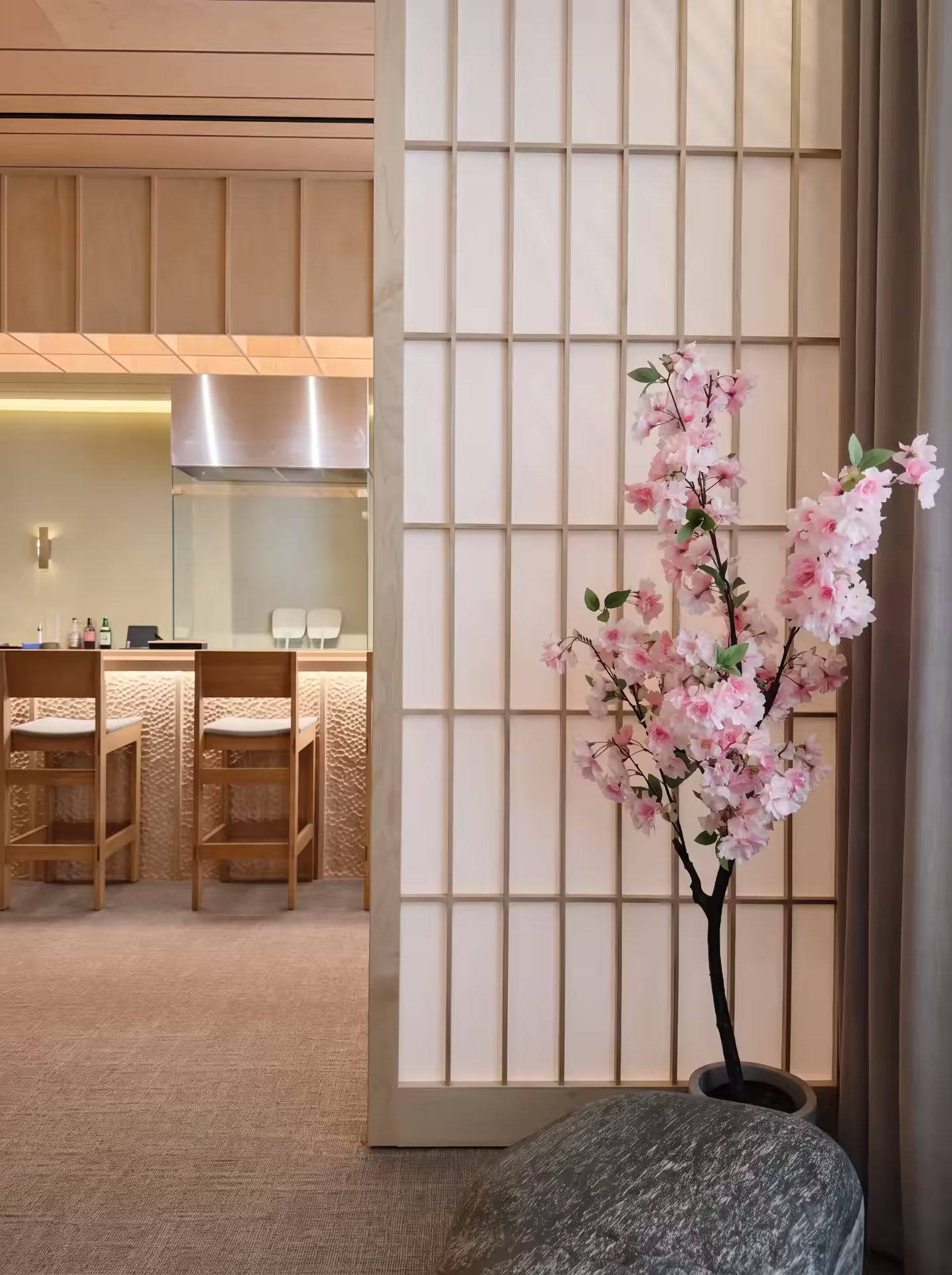 Corner of the counter room with linen curtains